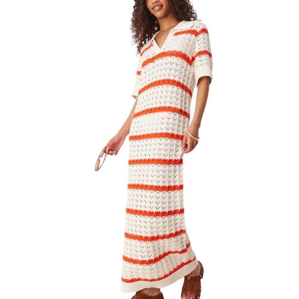 YAS New Lana Knit Crochet Dress Cream Orange Short Sleeve Boho Hippie Medium